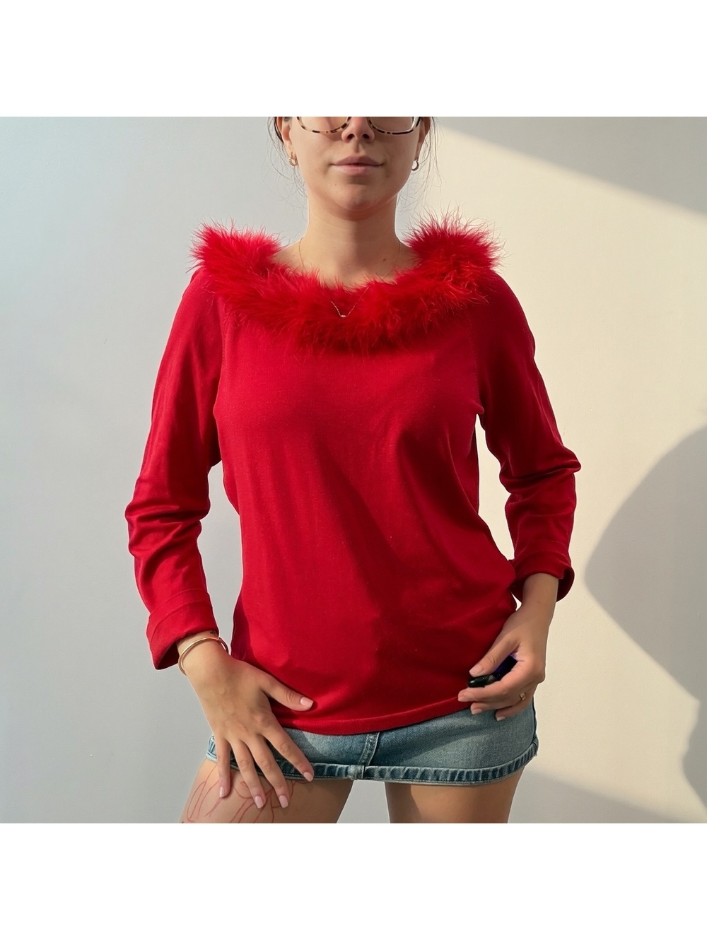 Josephine Chaus Red Feather Trim Long Sleeve Top